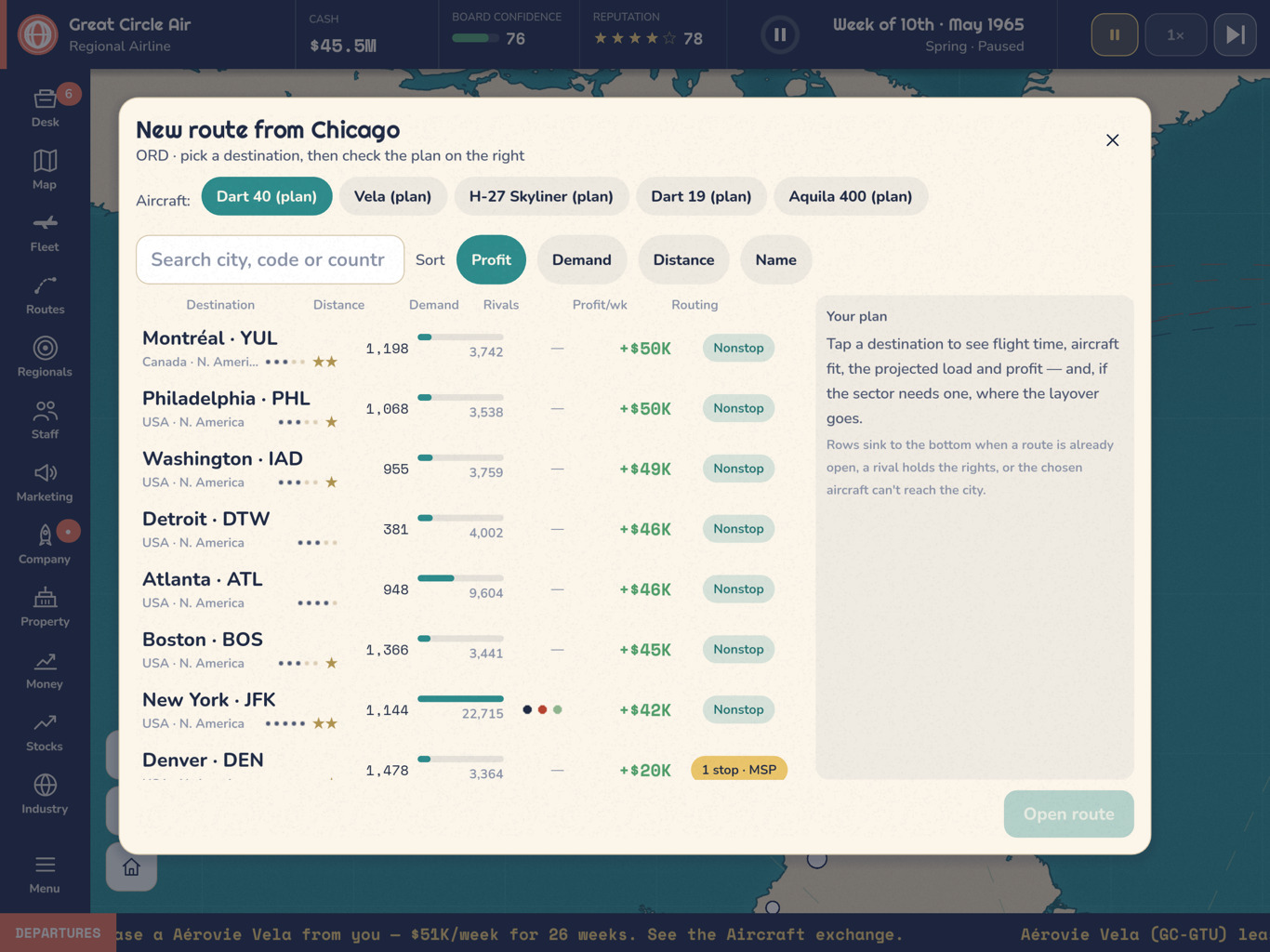 The route planner compares destinations from Chicago, with demand, projected profit, and nonstop or connecting service