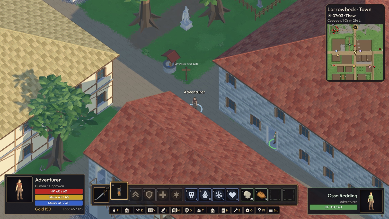 Timber and stone buildings in Larrowbeck with the current game interface
