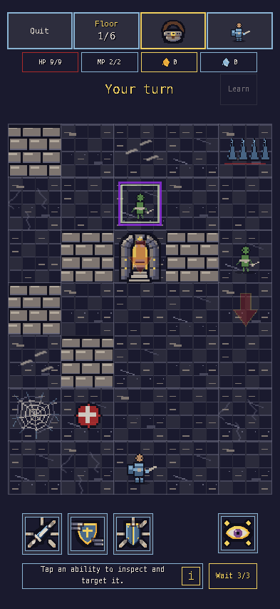 The Warden faces enemies and hazards on a compact Ruined Keep dungeon floor