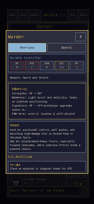 The Warden hero profile showing stats, strengths, and abilities