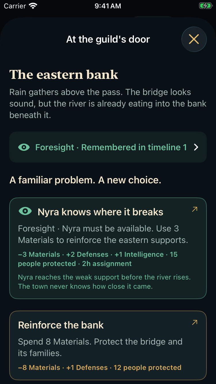 The eastern bank event offers a remembered Foresight response that lets Nyra reinforce the riverbank