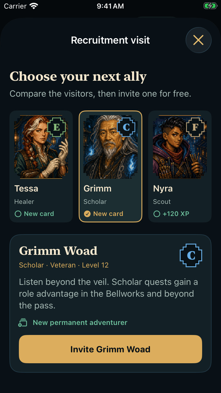 A recruitment visit offers Tessa, Grimm, and Nyra, with Grimm Woad selected as a new permanent adventurer