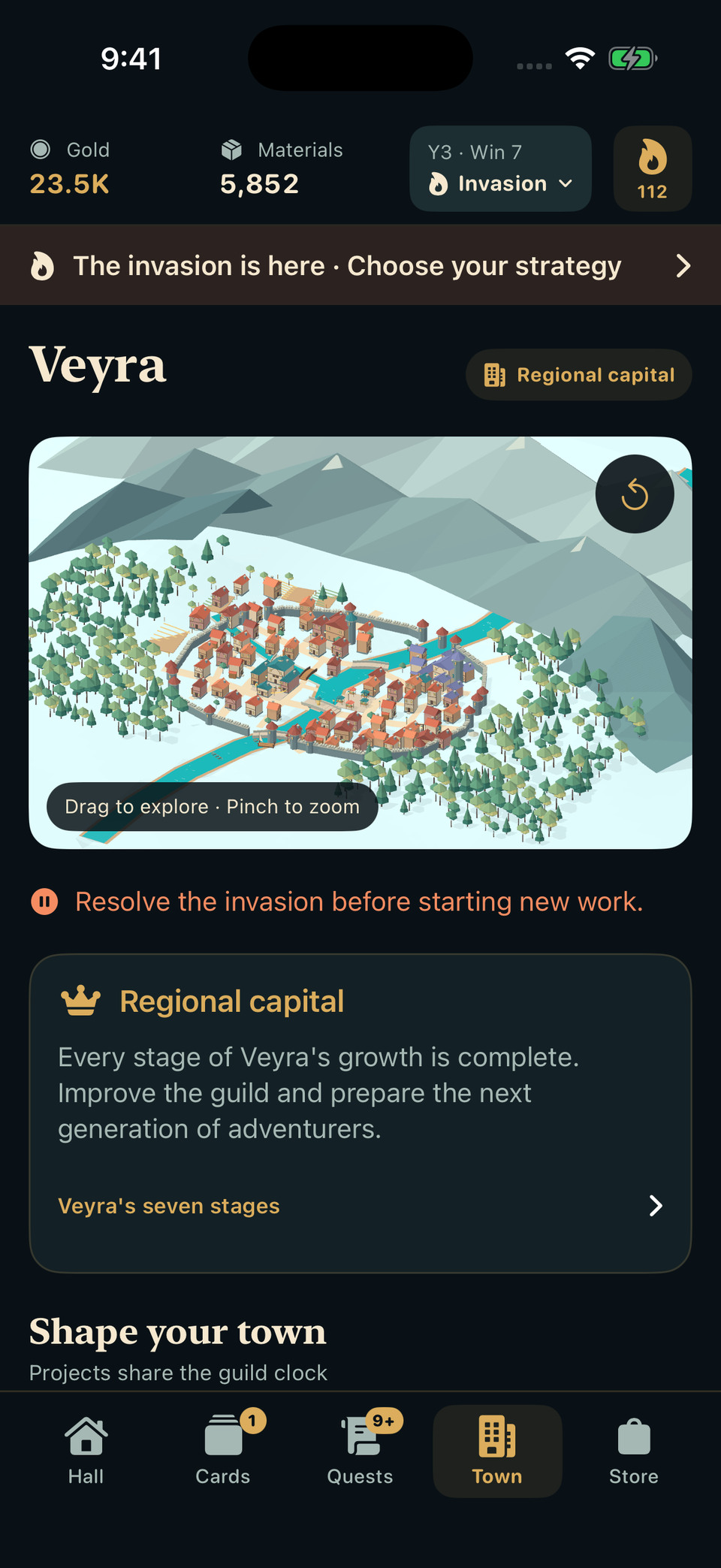 The 3D town of Veyra has developed into a regional capital, with seven settlement stages complete