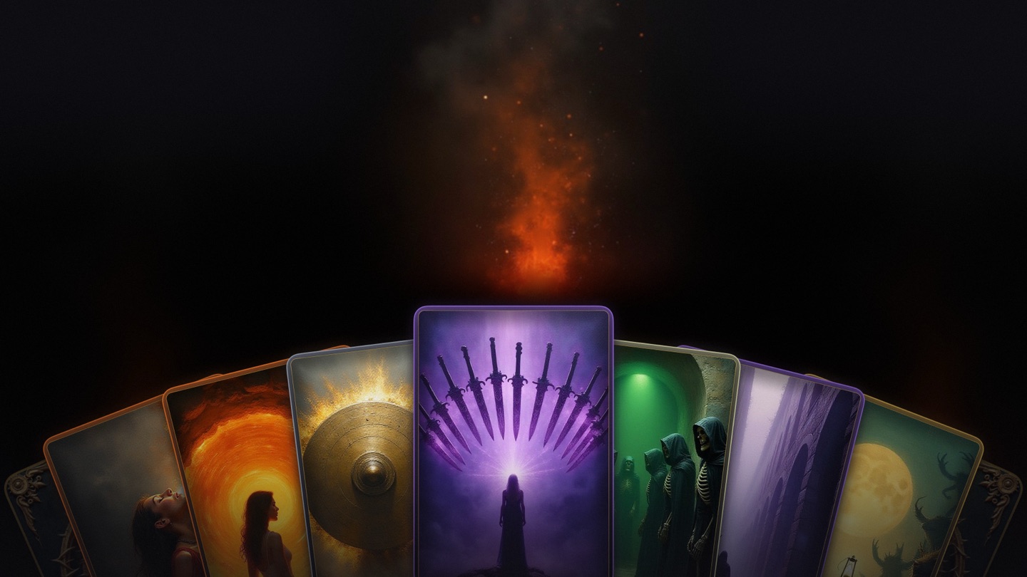 Fanned card artwork with space above for editorial text
