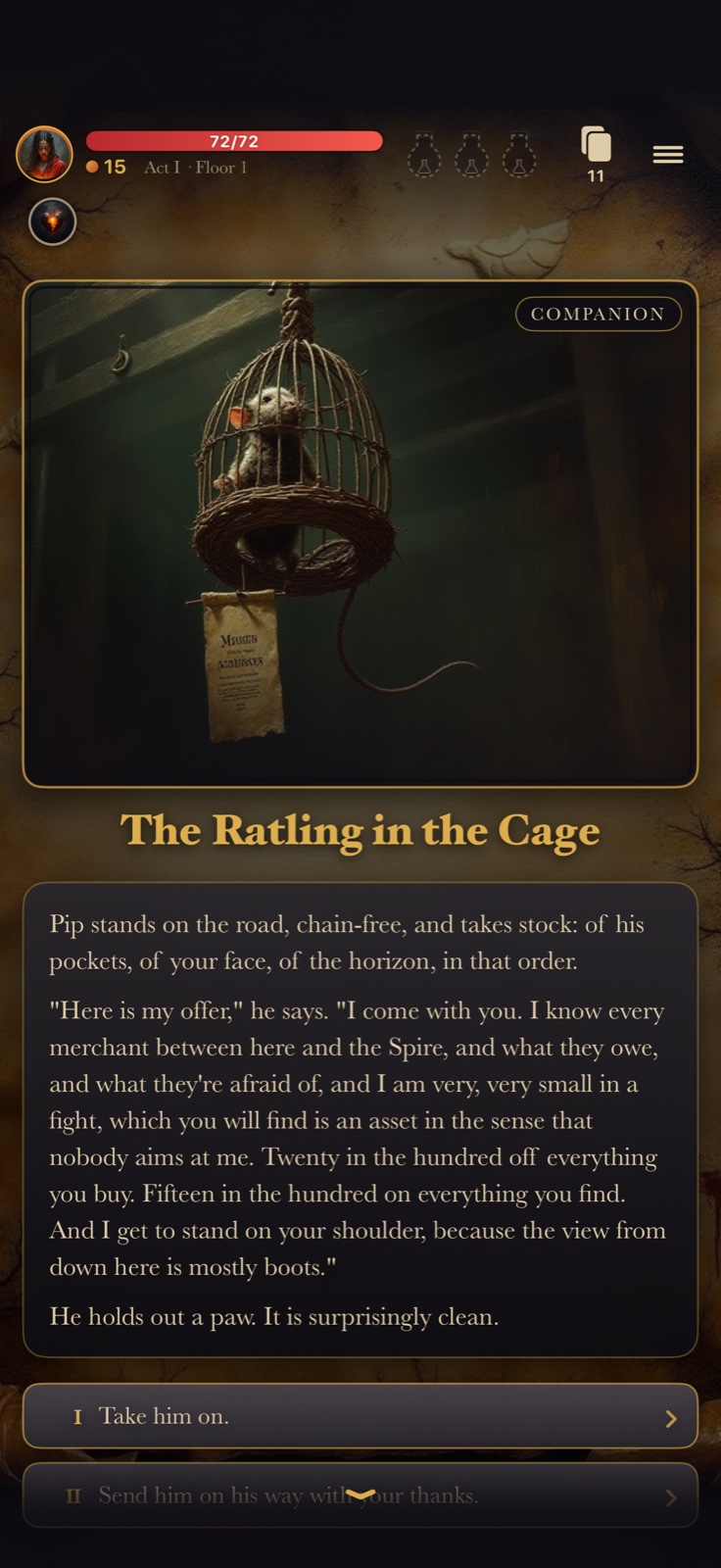 The Ratling in the Cage encounter, with Pip offering to join the journey and a choice to take him on