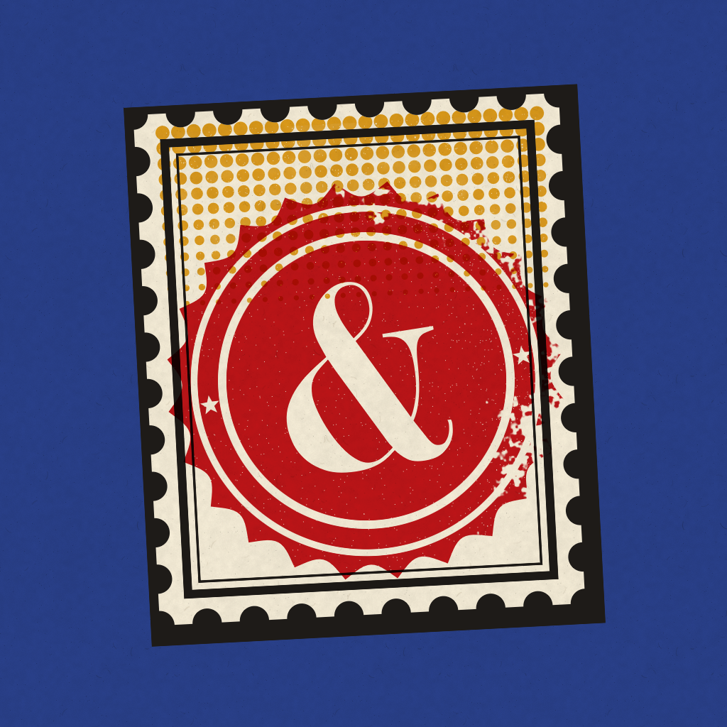 Stamp and Country red ampersand seal on a postage stamp against indigo